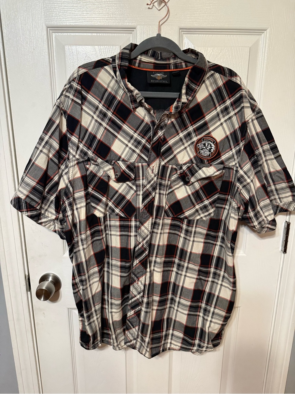 Harley-Davidson Black, White & Red Plaid Short-Sleeve Button Down Shirt